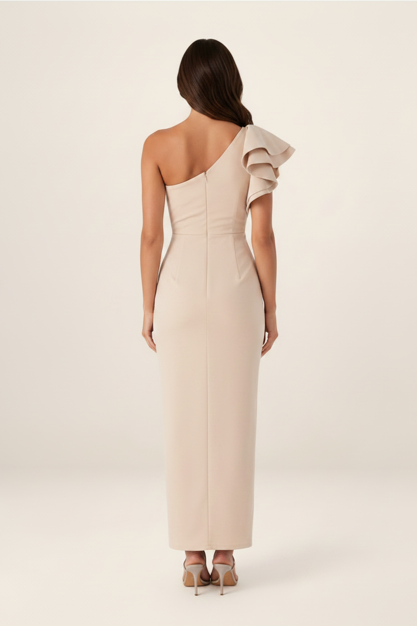 Elegant Midi Dress | One-Shoulder Design with Ruffle Detail | Flattering Fit for Effortless Style