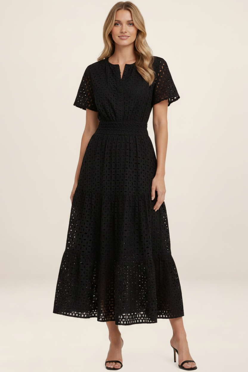 Elegant Summer Midi Dress | Eyelet A-Line Design with Breathable Cotton Blend for Effortless Style