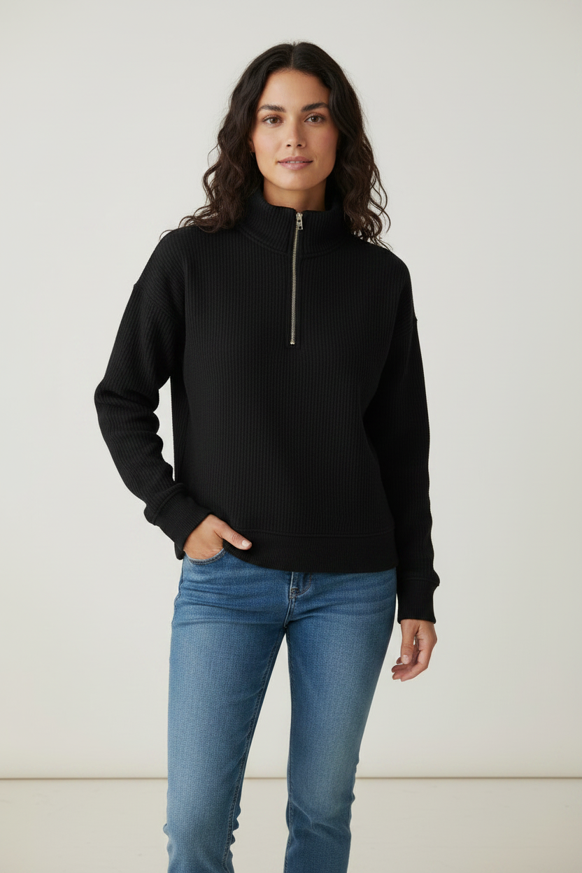 Casual Knit Jumper | Women's Ribbed Half Zip Pullover with Cozy Comfort | Versatile Layering for Everyday Style