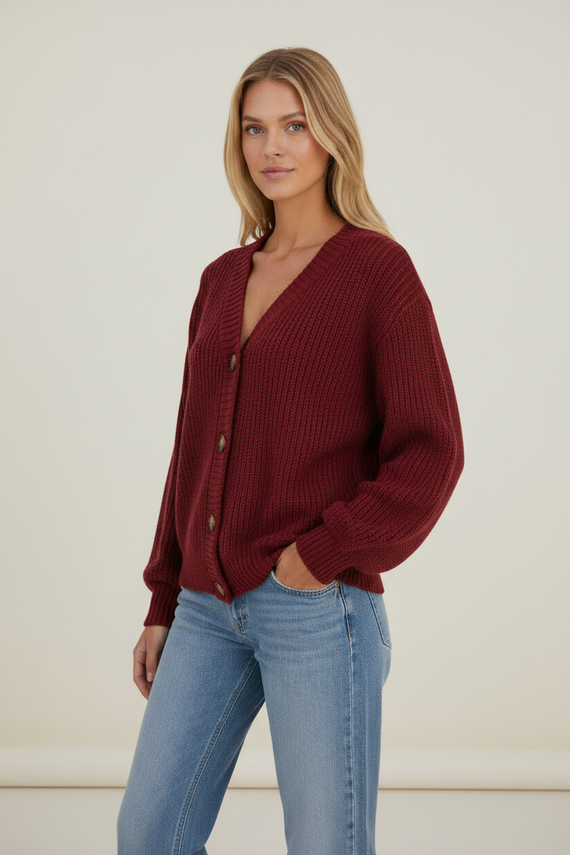 Chunky Knit Cardigan | V-Neck Soft Ribbed Jumper with Button Front | Cozy Layering for Women