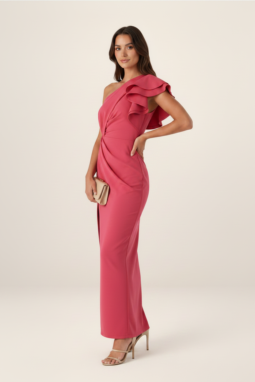 Elegant Midi Dress | One-Shoulder Design with Ruffle Detail | Flattering Fit for Effortless Style