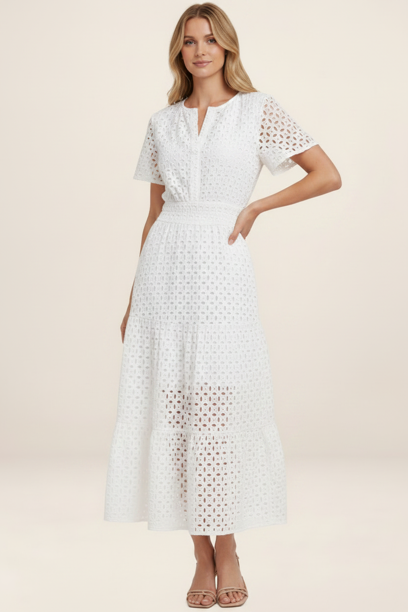 Elegant Summer Midi Dress | Eyelet A-Line Design with Breathable Cotton Blend for Effortless Style