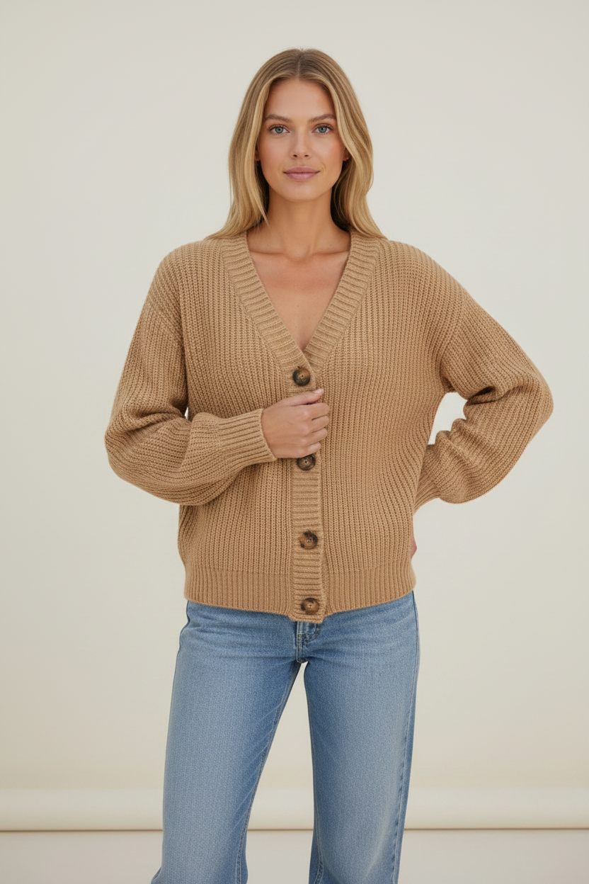 Chunky Knit Cardigan | V-Neck Soft Ribbed Jumper with Button Front | Cozy Layering for Women