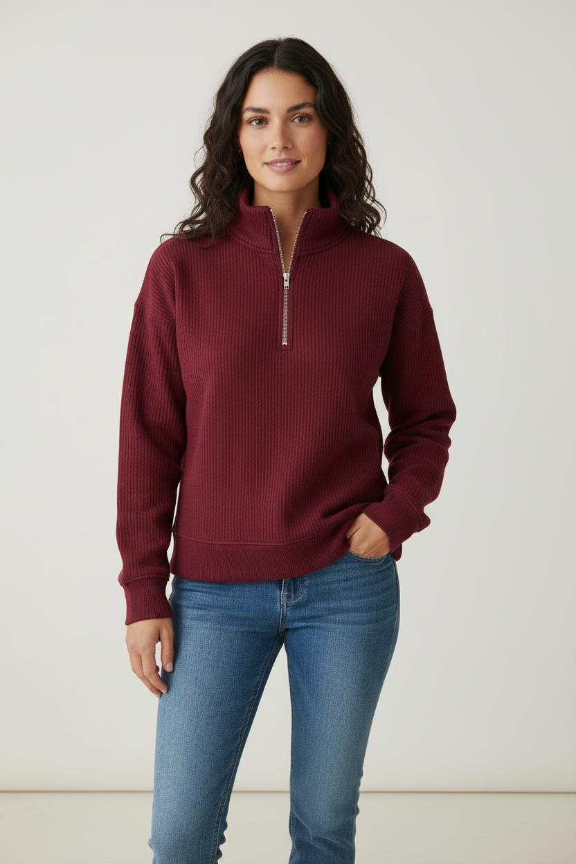 Casual Knit Jumper | Women's Ribbed Half Zip Pullover with Cozy Comfort | Versatile Layering for Everyday Style