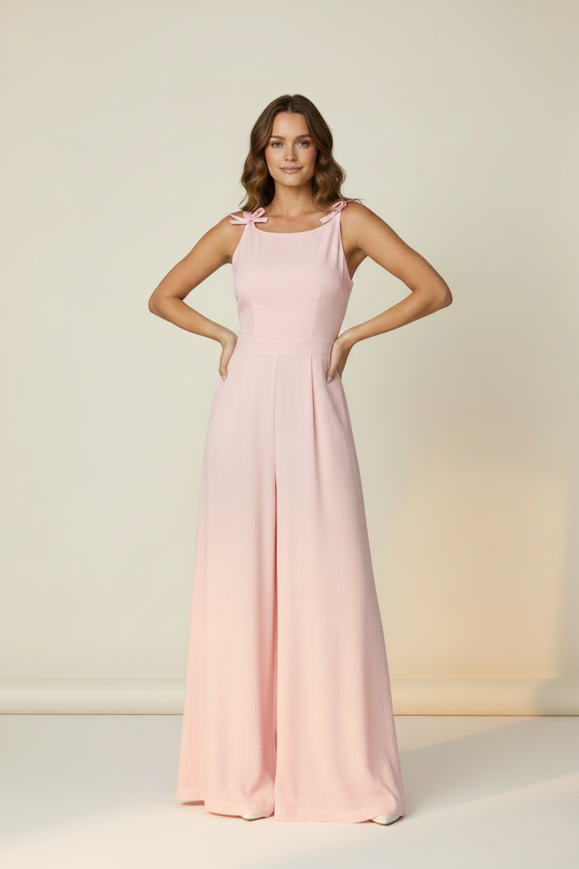 Summer Jumpsuit Women | Jacquard Wide Leg Design with Bow Straps | Flattering Fit for Special Occasions