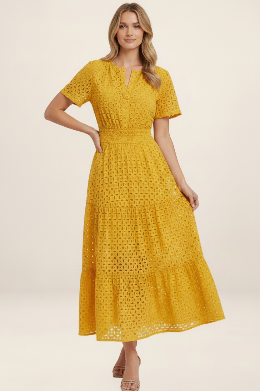 Elegant Summer Midi Dress | Eyelet A-Line Design with Breathable Cotton Blend for Effortless Style