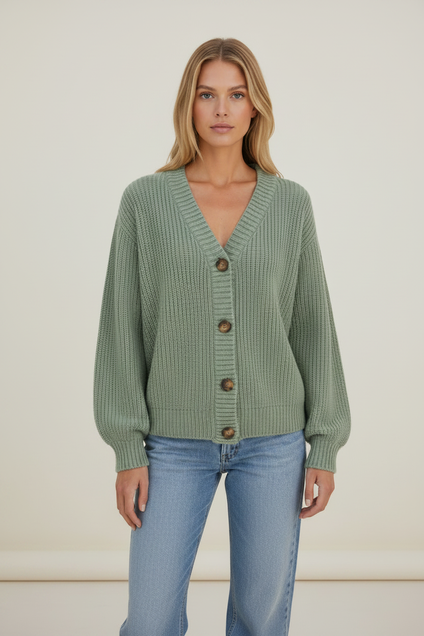 Chunky Knit Cardigan | V-Neck Soft Ribbed Jumper with Button Front | Cozy Layering for Women