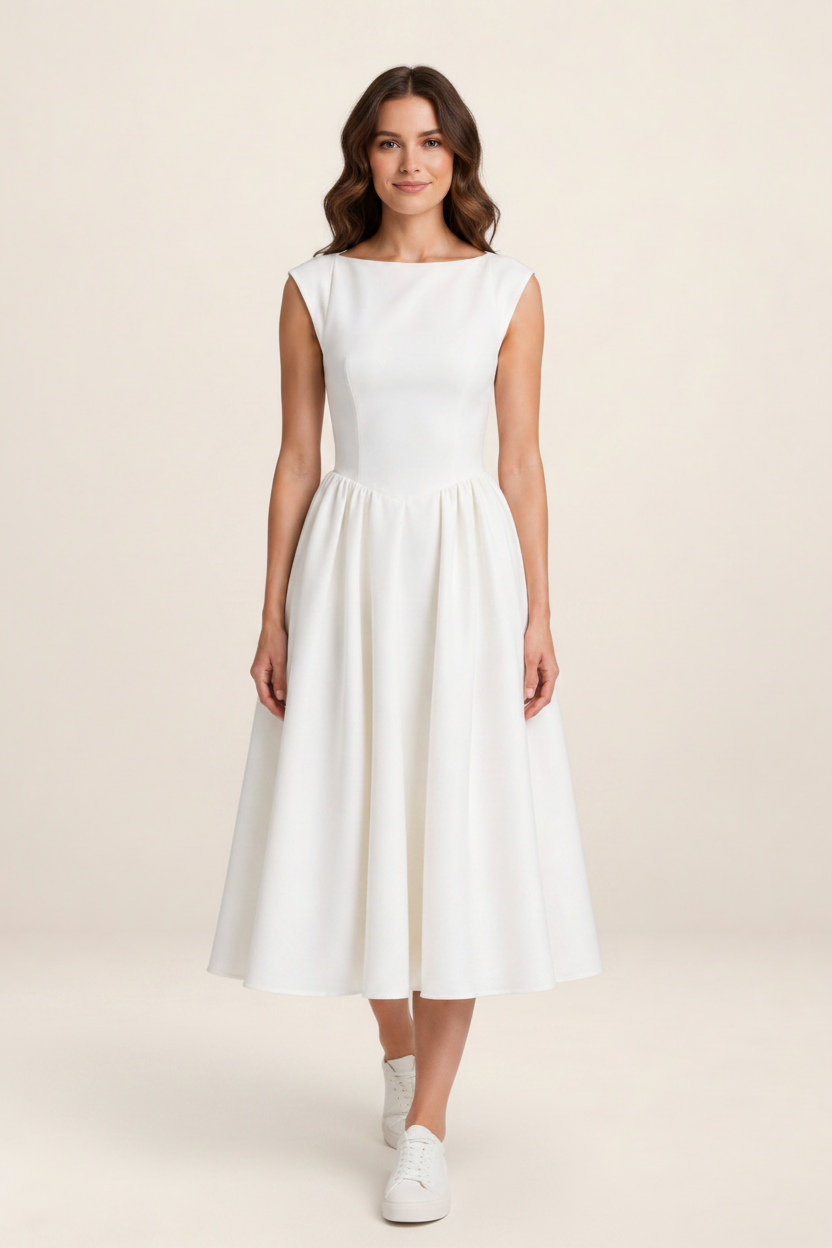 Elegant Midi Dress with Structured Cap Sleeves for Timeless Occasions