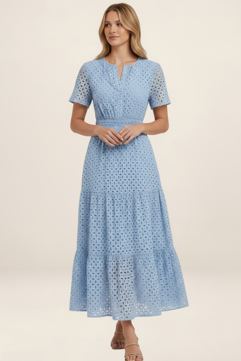 Elegant Summer Midi Dress | Eyelet A-Line Design with Breathable Cotton Blend for Effortless Style