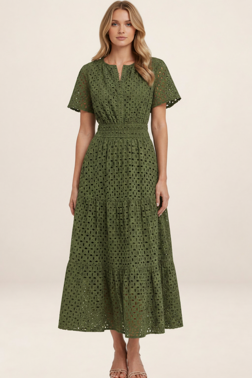 Elegant Summer Midi Dress | Eyelet A-Line Design with Breathable Cotton Blend for Effortless Style