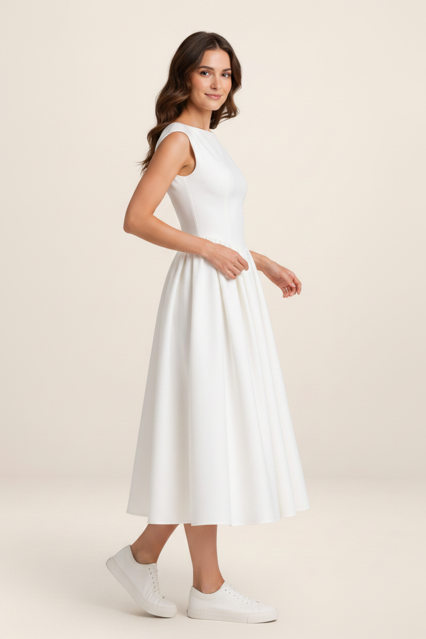 Elegant Midi Dress with Structured Cap Sleeves for Timeless Occasions