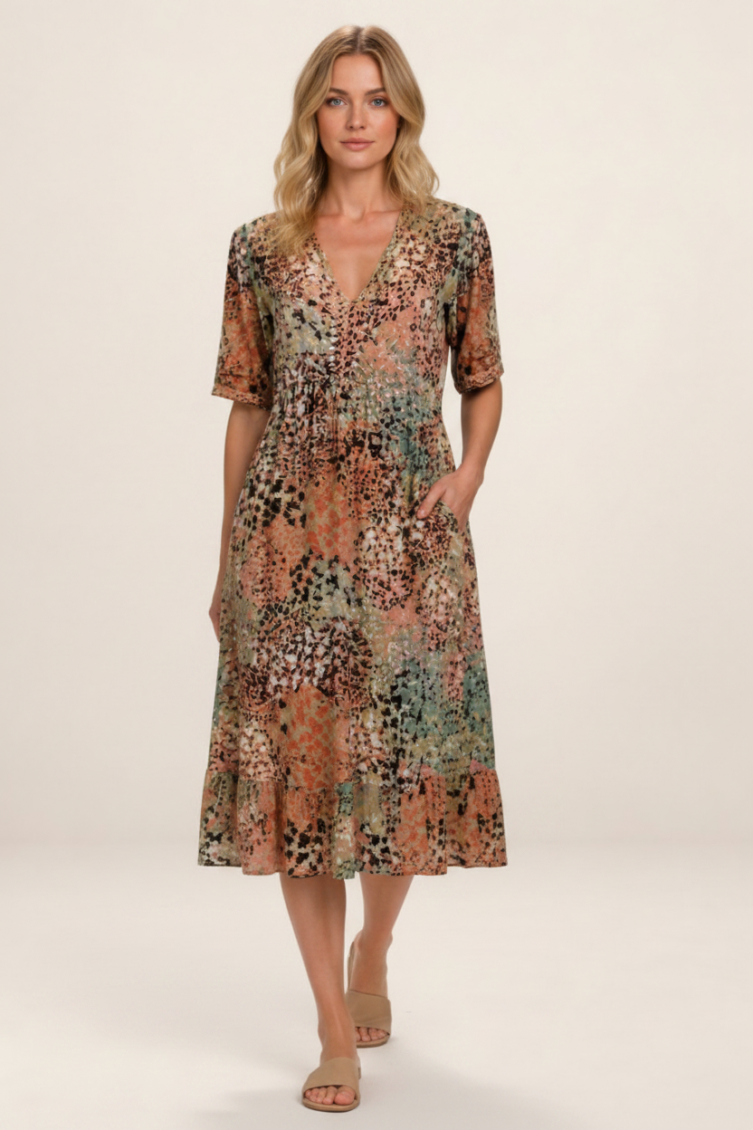 Elegant Midi Dress | Women's Printed V-Neck Dress with Side Pockets | Comfortable Everyday Wear