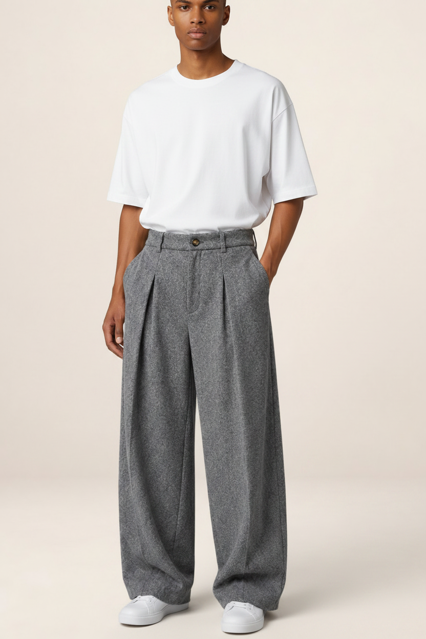 Men’s Grey Wide Leg Trousers – Tailored Pleated Pants