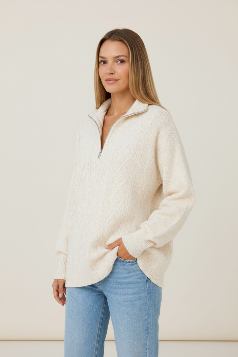 Cozy Knit | Women's Jumper with Half Zip Funnel Neck | Stylish Comfort for Chilly Days