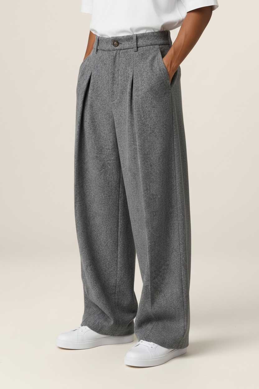 Men’s Grey Wide Leg Trousers – Tailored Pleated Pants