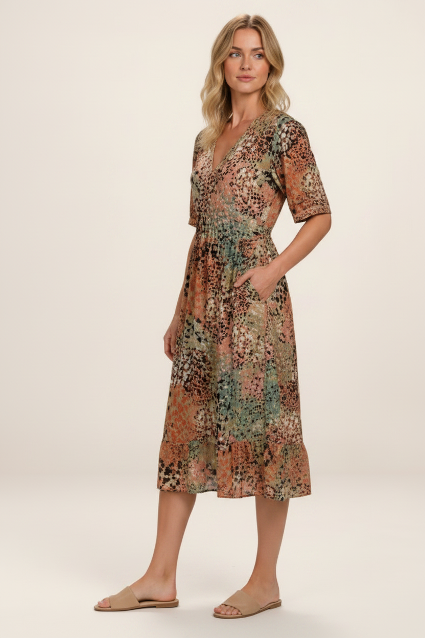 Elegant Midi Dress | Women's Printed V-Neck Dress with Side Pockets | Comfortable Everyday Wear