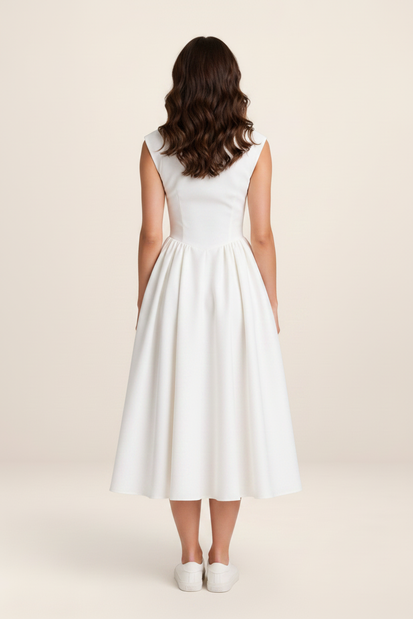 Elegant Midi Dress with Structured Cap Sleeves for Timeless Occasions