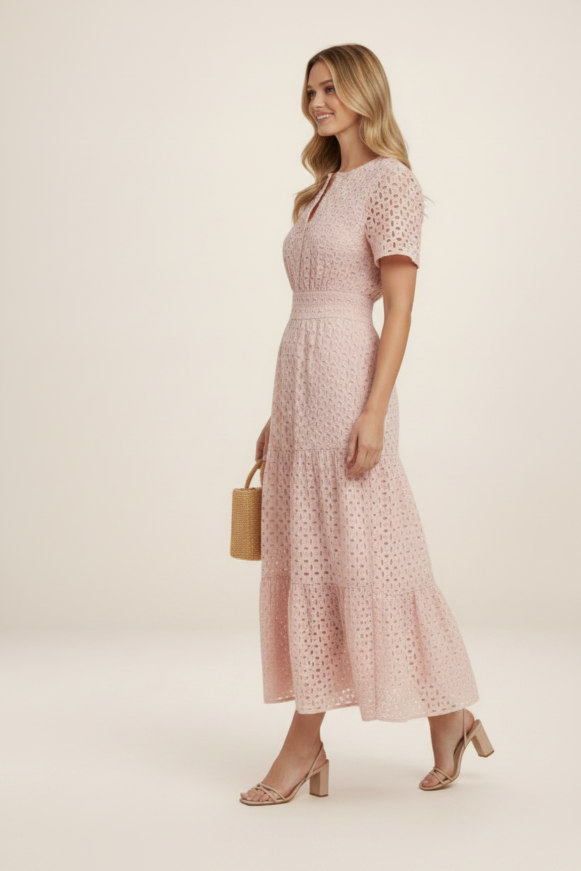 Elegant Summer Midi Dress | Eyelet A-Line Design with Breathable Cotton Blend for Effortless Style