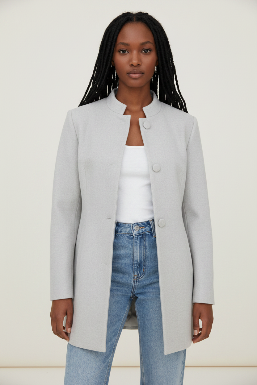 Elegant Women's Tailored Coat | Longline Design with Covered Buttons | Versatile Outerwear for Every Occasion