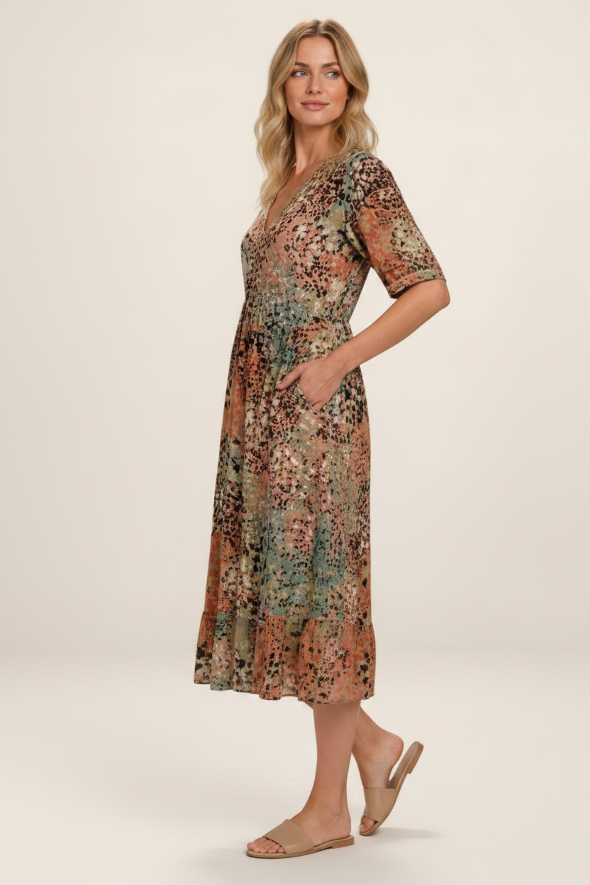 Elegant Midi Dress | Women's Printed V-Neck Dress with Side Pockets | Comfortable Everyday Wear