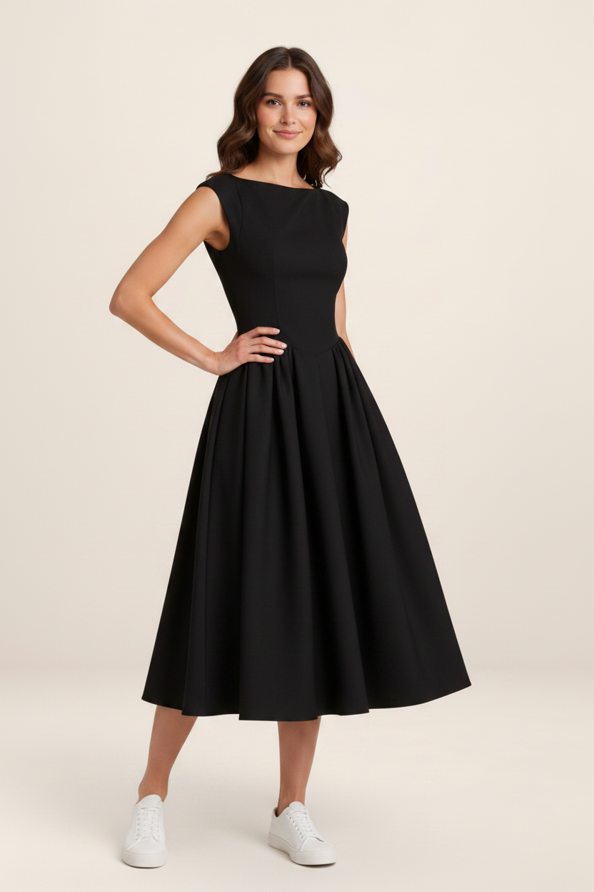 Elegant Midi Dress with Structured Cap Sleeves for Timeless Occasions