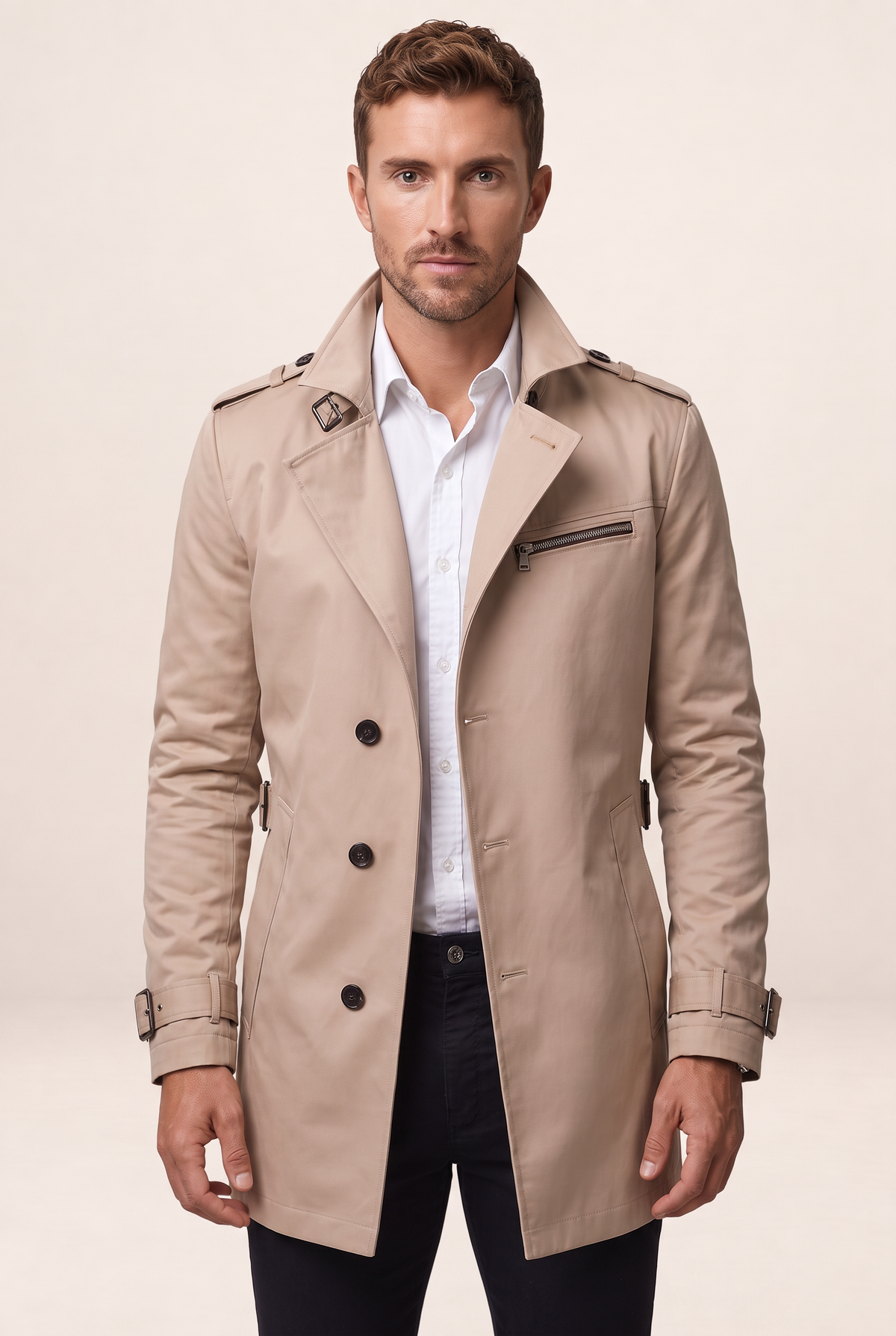 Classic Tailored Trench Coat Men | Adjustable Belt for Custom Fit | Versatile Outerwear for Sharp Style