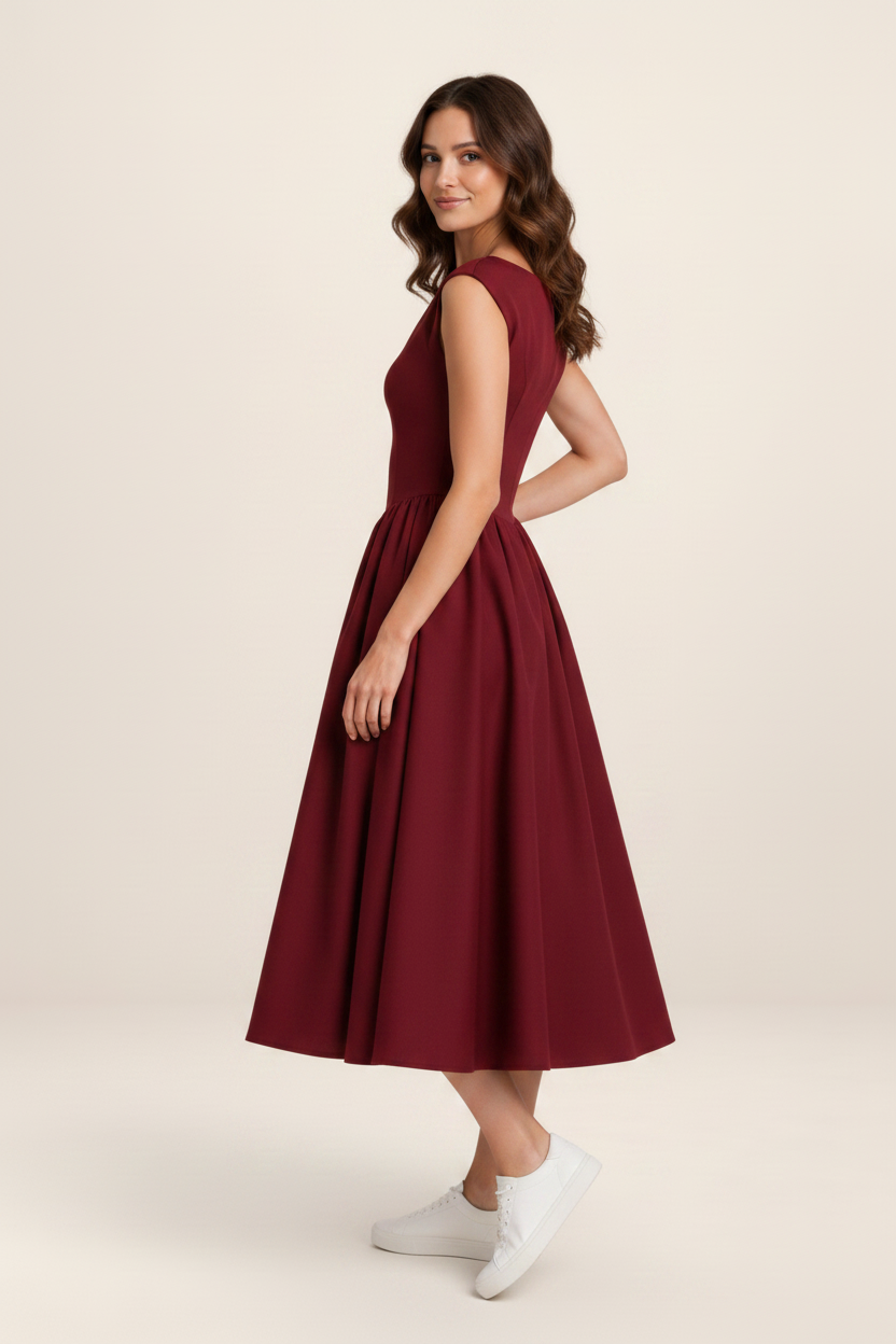 Elegant Midi Dress with Structured Cap Sleeves for Timeless Occasions