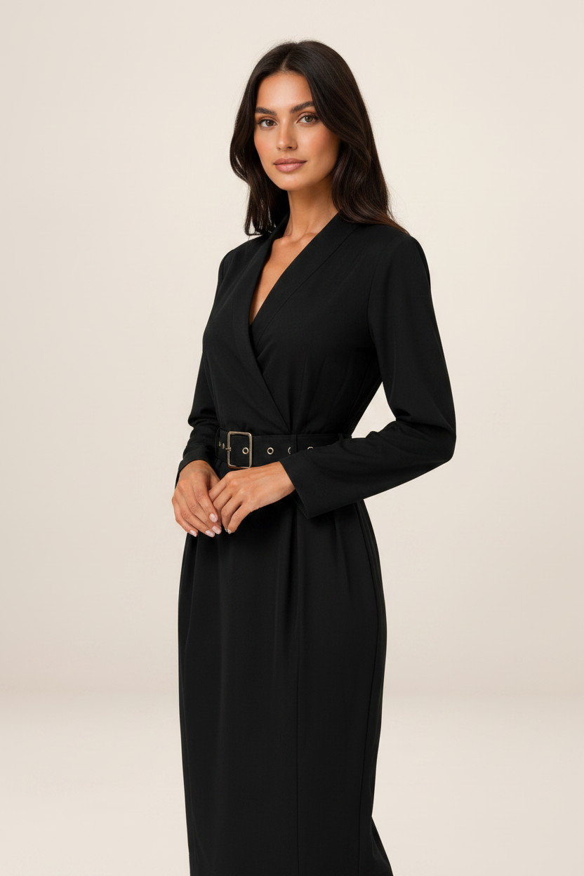 Long Sleeve Midi Dress with Wrap V-Neck Design | Flattering Fit for Any Occasion