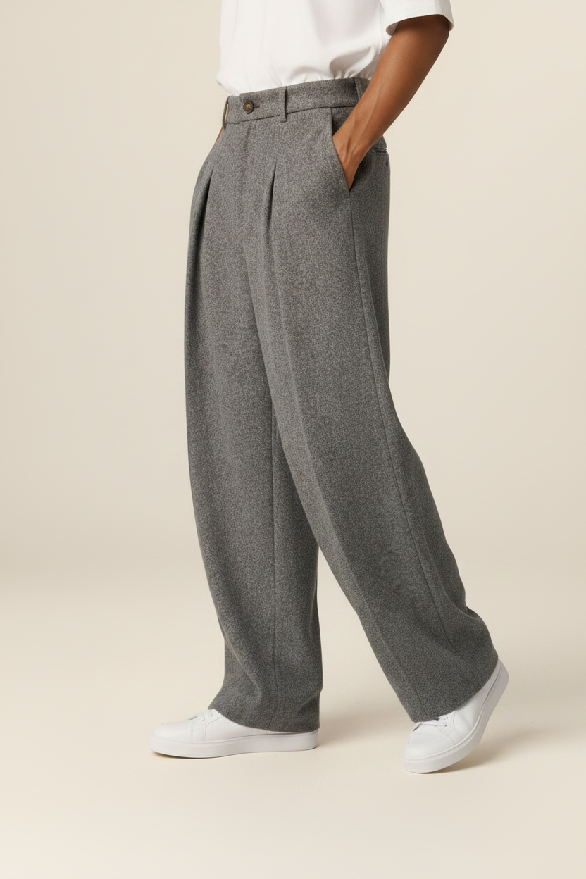Men’s Grey Wide Leg Trousers – Tailored Pleated Pants