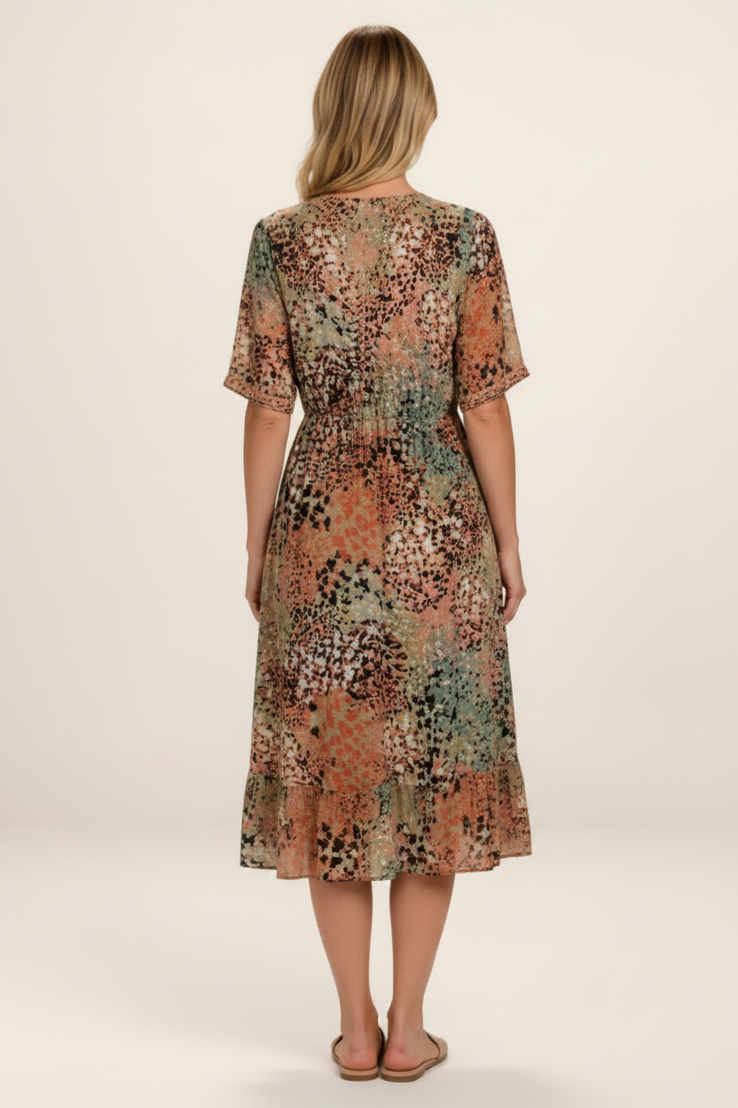 Elegant Midi Dress | Women's Printed V-Neck Dress with Side Pockets | Comfortable Everyday Wear