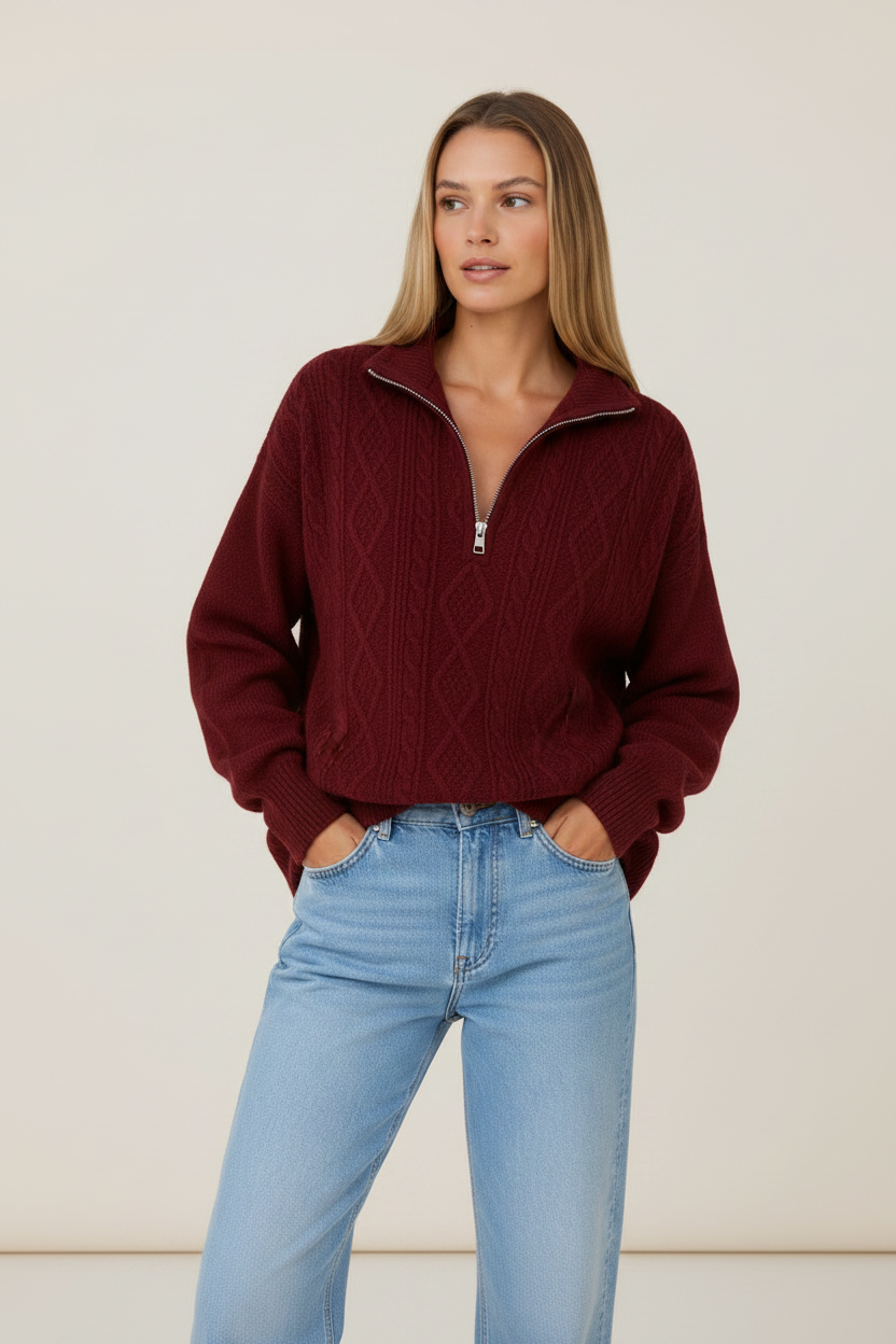 Cozy Knit | Women's Jumper with Half Zip Funnel Neck | Stylish Comfort for Chilly Days