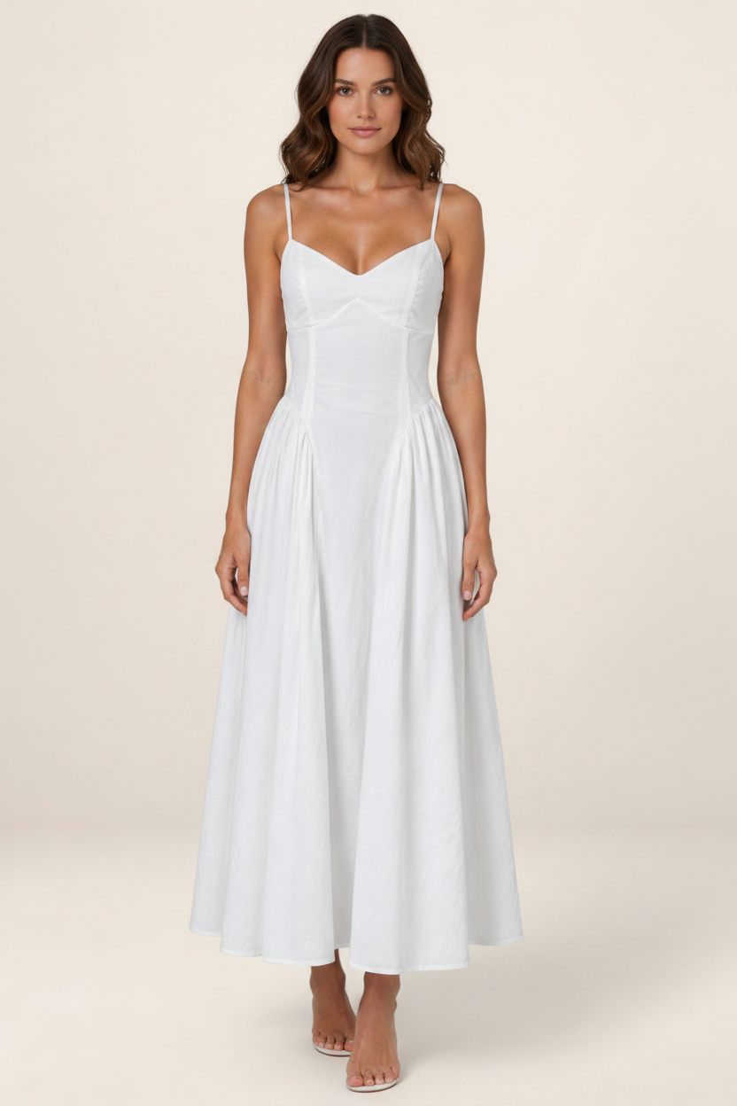 Elegant Midi Dress with Corset Bodice & Full Skirt for Special Occasions