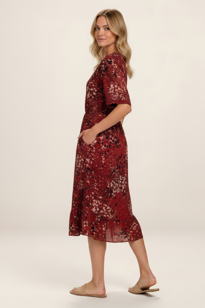 Elegant Midi Dress | Women's Printed V-Neck Dress with Side Pockets | Comfortable Everyday Wear