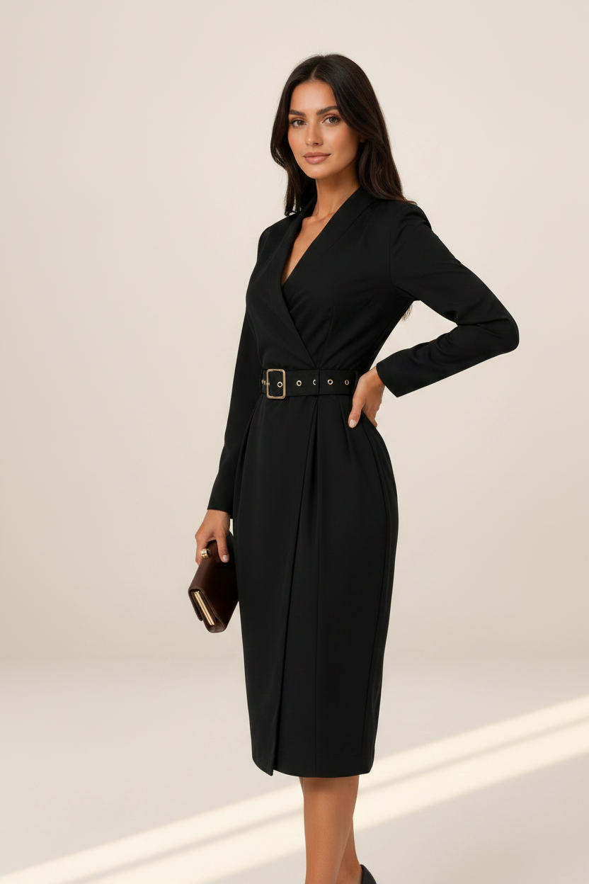 Long Sleeve Midi Dress with Wrap V-Neck Design | Flattering Fit for Any Occasion