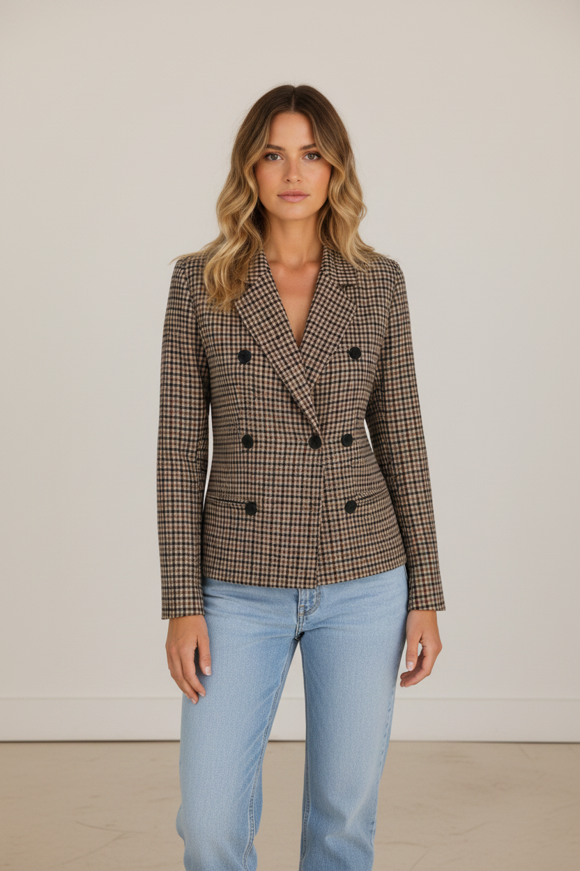 Elegant Tailored Blazer | Women's Checked Double Breasted Jacket for Versatile Styling