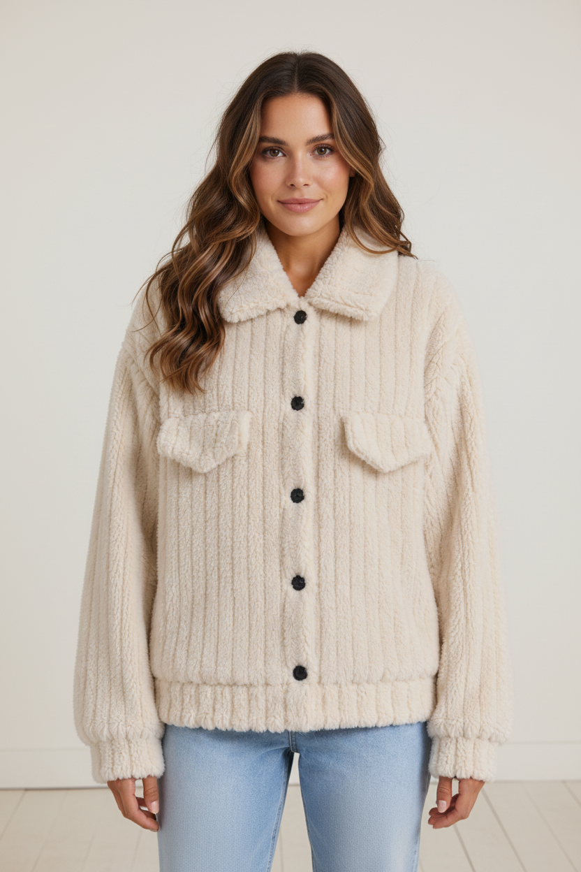 Cozy Layers | Women's Plush Teddy Jacket with Button-Up Front | Versatile Fleece Cardigan for Comfort and Style