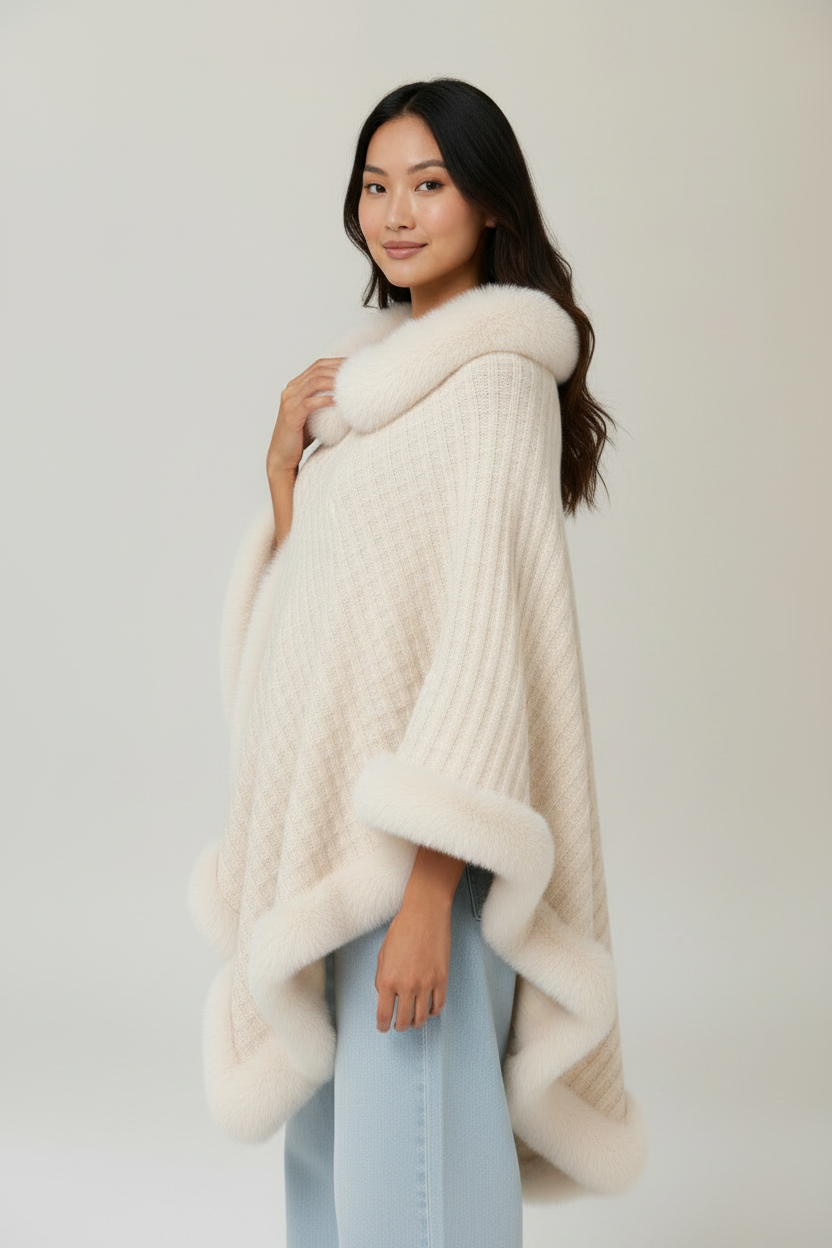 Elegant Knitwear | Women's Knitted Cape Coat with Faux Fur Trim | Stylish Layering for Autumn and Winter