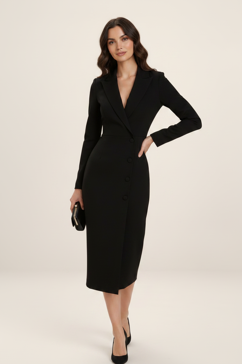 Elegant Midi Dress | Women's Tailored Blazer Style with Button-Front Detail | Sophisticated Look for Special Occasions