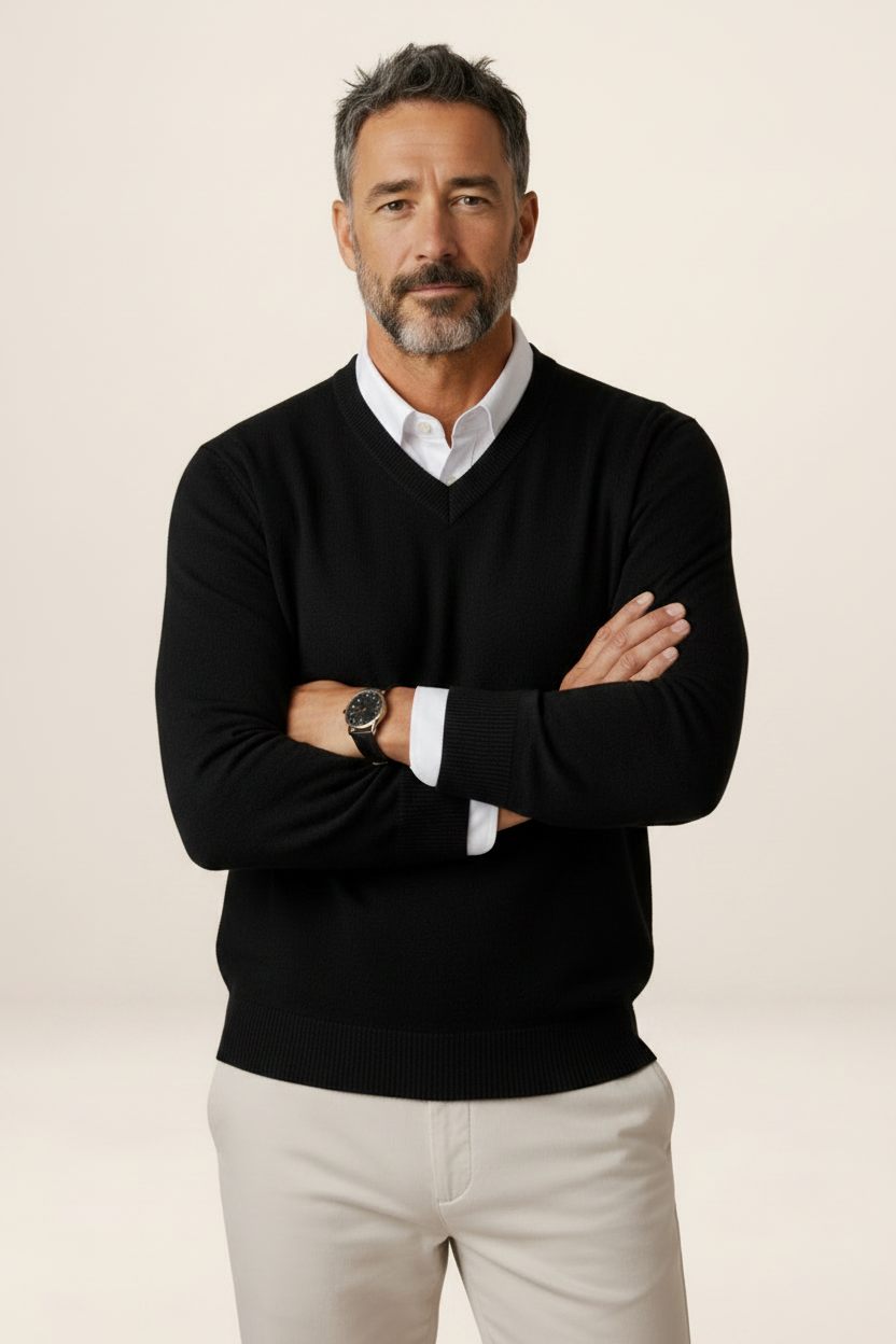 Men's V-Neck Knit Sweater - Casual Pullover