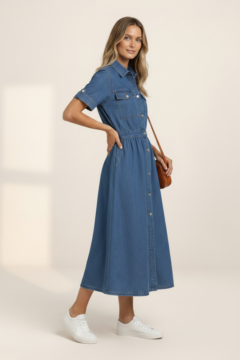 Classic Denim Midi Dress with Button Front & Flattering Waist Seam for Effortless Style