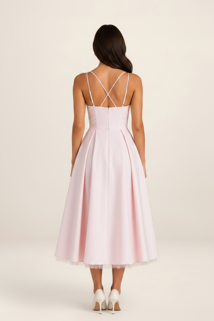 Elegant Midi Dress with Corset Bodice & Flowing Skirt for Special Occasions