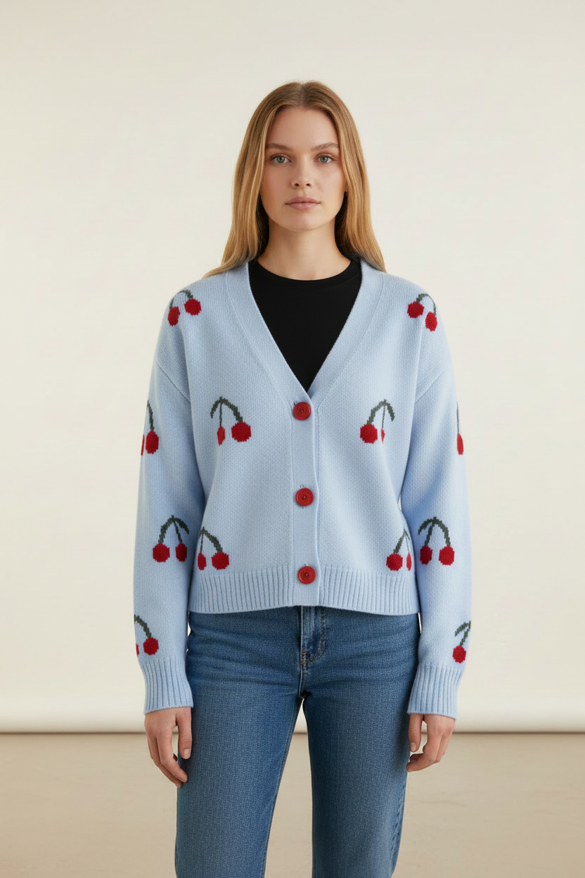 Women's Cardigan with Cherry Print Design | Cozy Layering for Everyday Style