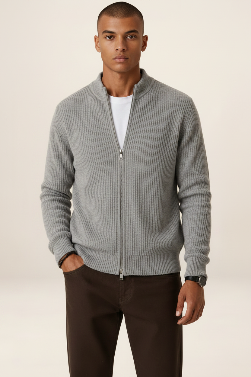 Men's Full Zip Knit Cardigan Sweater Ribbed Zip-Up Jacket