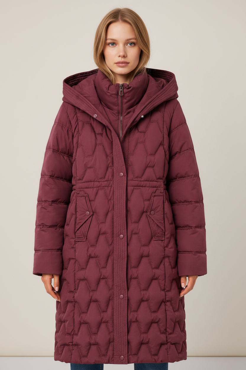 Elegant Winter Wear | Women's Long Puffer Coat with Geometric Quilting | Cozy Insulated Jacket for Cold Days