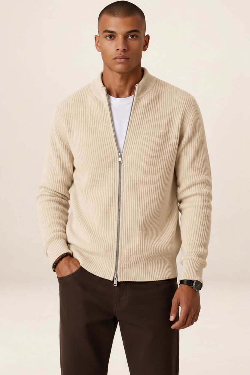 Men's Full Zip Knit Cardigan Sweater Ribbed Zip-Up Jacket