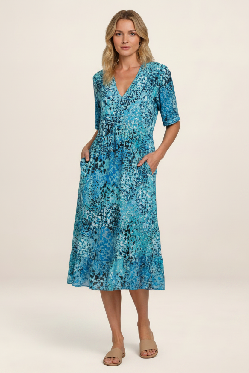 Elegant Midi Dress | Women's Printed V-Neck Dress with Side Pockets | Comfortable Everyday Wear