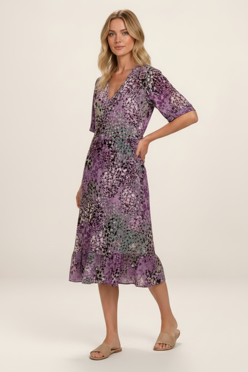Elegant Midi Dress | Women's Printed V-Neck Dress with Side Pockets | Comfortable Everyday Wear