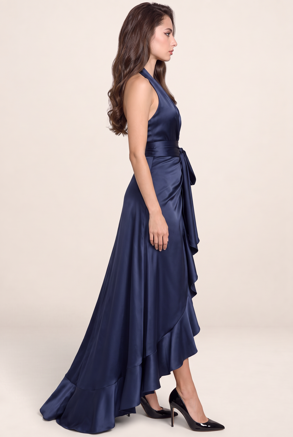 Women's Halter Neck Satin Maxi Dress with Ruffle Detail - Formal Party Wear