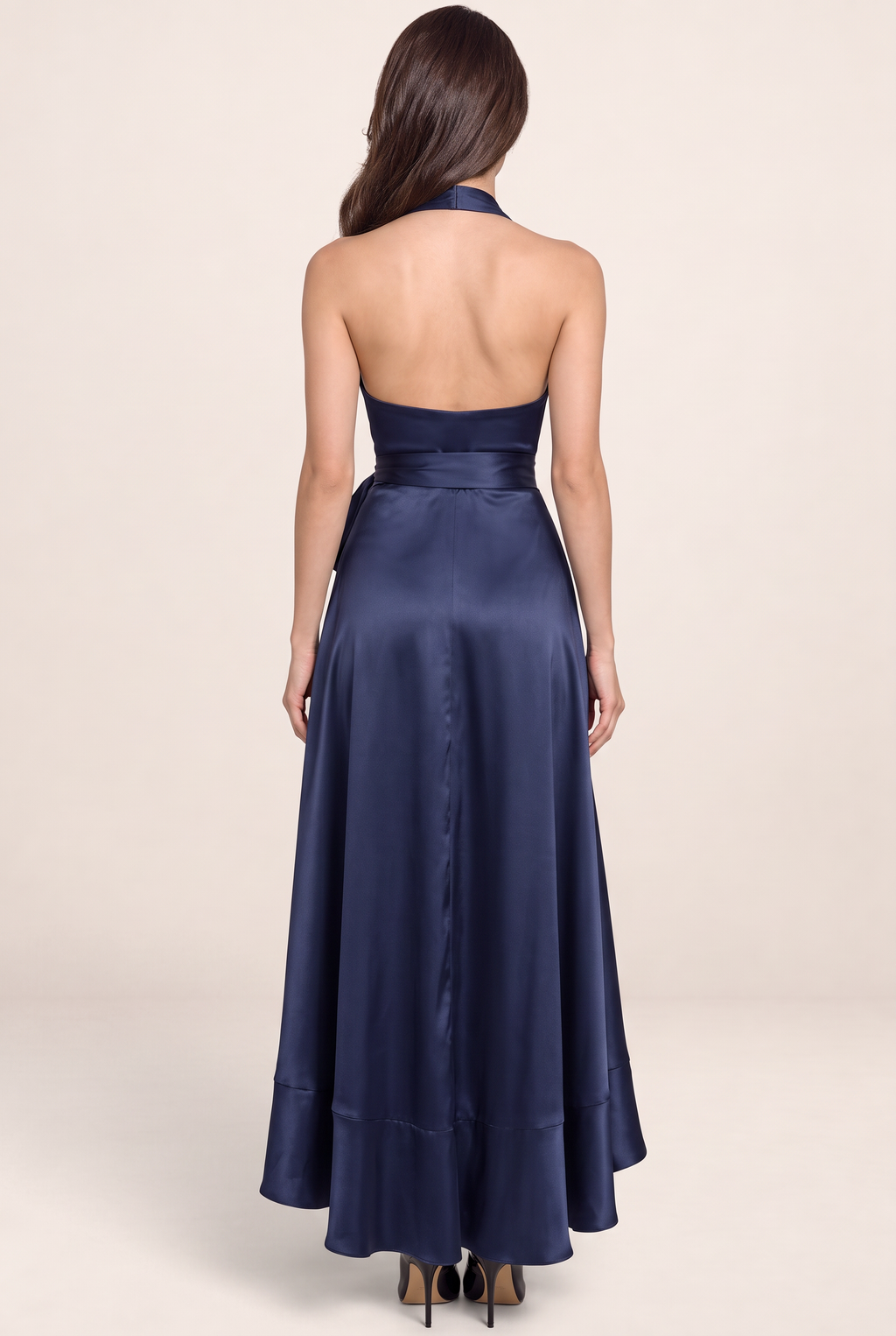 Women's Halter Neck Satin Maxi Dress with Ruffle Detail - Formal Party Wear