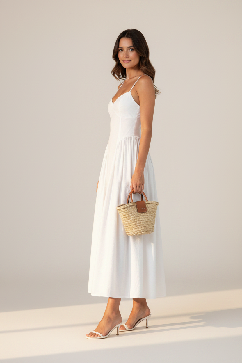 Elegant Midi Dress with Corset Bodice & Full Skirt for Special Occasions